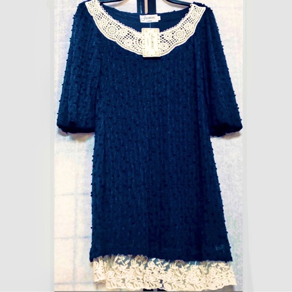 Jasmine Dresses & Skirts - NEW JASMINE LONDON Lined DRESS Navy Blue VINTAGE Style Crocheted Lace Collar L